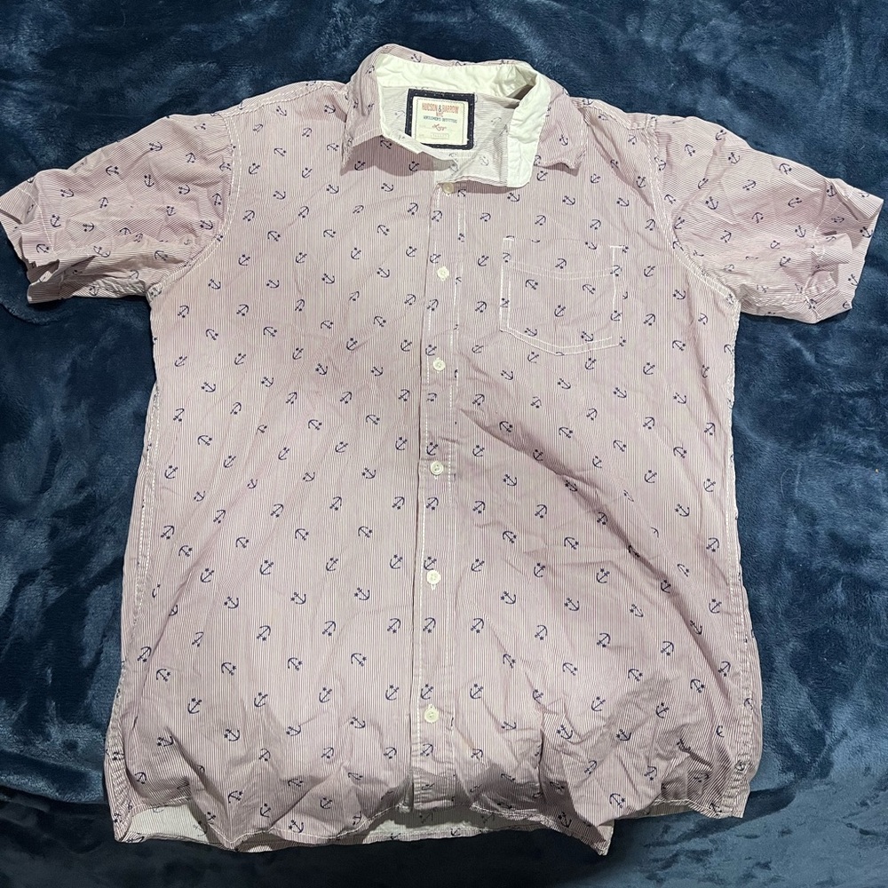Hudson and Barrow Blue Patterned Short Sleeve Button Up Shirt Mens Large